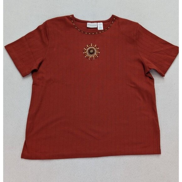 Alfred Dunner Women's Top Orange Stretch Knit Beaded Size Medium Short Sleeve - Picture 2 of 16